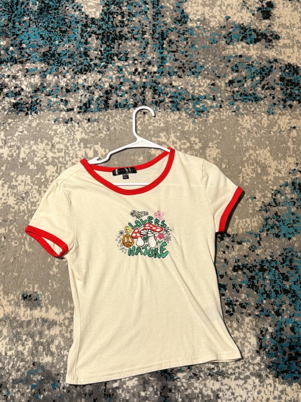 Faded Rose Cream Ringer Tee with Red Trim - 'Lovers of Nature' Graphic